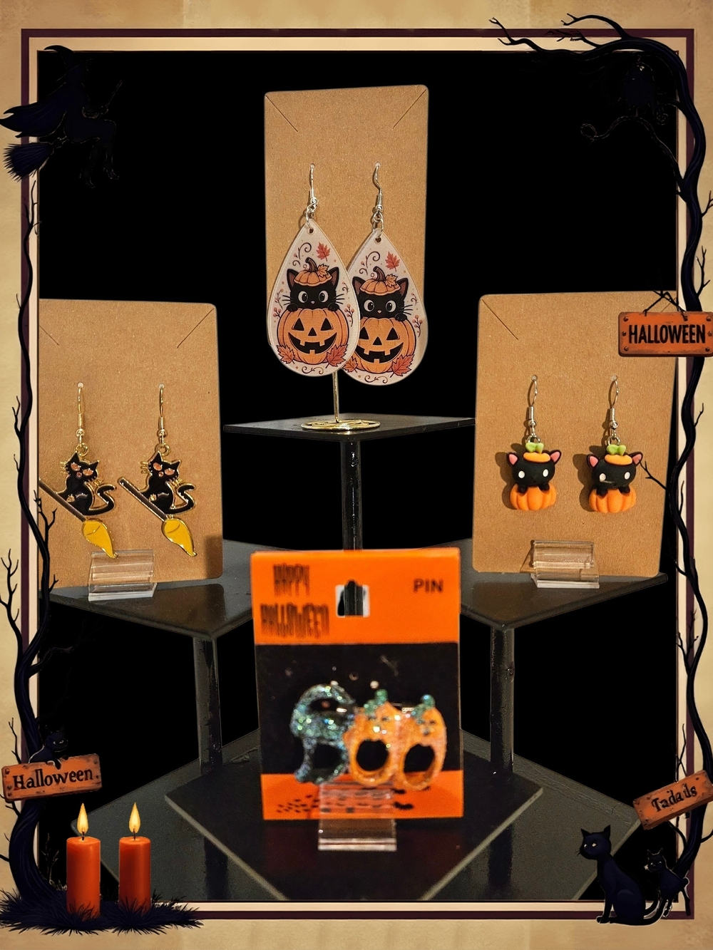🎃 Halloween Black Cat Earrings & Brooch Bundle In Black & Orange